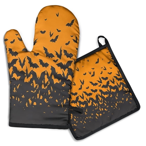 Orange Halloween Bats Kitchen Oven Mitt and Pot Holder Sets 2 Pcs for Baking, Cooking and Grilling, Heat Resistant Up To 392 °F