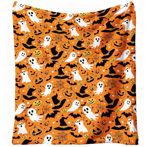 Orange Halloween Blanket, Spooky Pumpkin Ghosts Fleece Throw Blanket for Kids, Fall Halloween Decorations Gifts for Kids Women Birthday