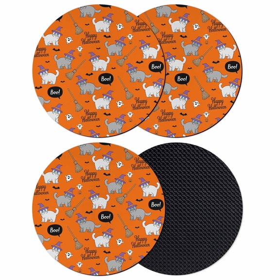 Orange Halloween Coasters Set of 4, Absorbent Coasters for Drinks, Cat Bat Ghost Pumpkins Coaster for Desk Coffee Table Protection, Home Decor House Warming Gifts 4"