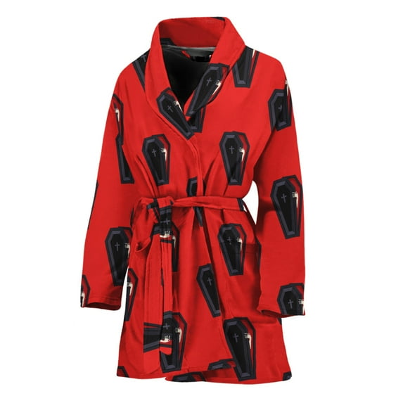 Orange Halloween Coffin Pattern Women Bathrobe One Size Univeral Fits, Halloween Decorative Fashion Lightweight Plush Fleece Long Robe For Women