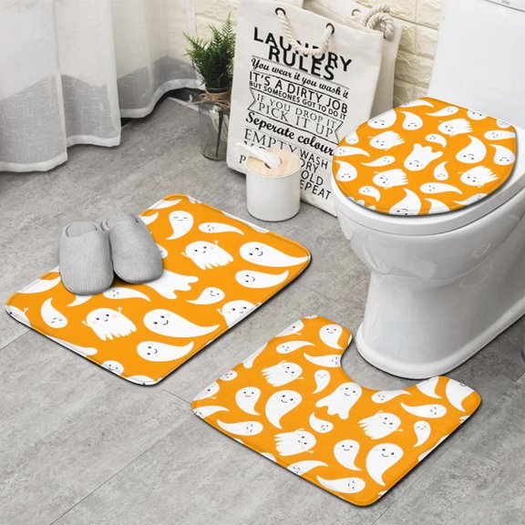 Orange Halloween Cute Ghosts Bathroom Rugs Sets 3 Piece,Toilet Cover Set,Absorbent Non Slip Bathroom Mats Sets with U-Shaped Contour Rug Toilet Rug Set