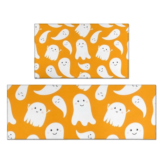 Orange Halloween Cute Ghosts Kitchen Rugs Sets Of 2,Anti Fatigue Kitchen Mat Rugs Non Slip Washable,Decorative Kitchen Floor Mats for Kitchen,Sink,Laundry,17"x30"+17"x47"
