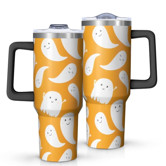 Orange Halloween Cute Ghosts Tumbler with Handle and Lid,40oz Double Wall Vacuum Insulated Tumbler,Cups Gift for Women and Men