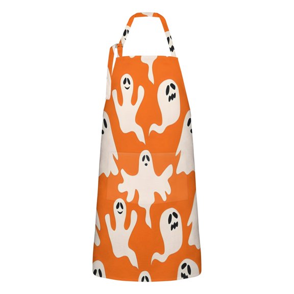 Orange Halloween Ghosts Apron-Garden Aprons for Women with Pockets-Cotton Linen Waterproof Kitchen Cooking Gardening Aprons Adjustable for Kitchen,Cooking,BBQ and Salon 32"x27"