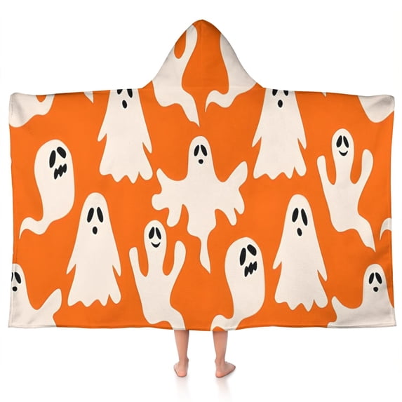 Orange Halloween Ghosts Hooded Bath Towel,50"x30" for Ages 3 To 12 Kids, Quick Dry Lightweight Soft Microfiber Hood Beach Towel Cover Up for Kids