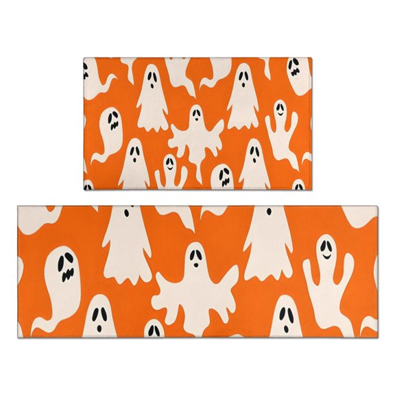 Orange Halloween Ghosts Kitchen Rugs Sets Of 2,Anti Fatigue Kitchen Mat Rugs Non Slip Washable,Decorative Kitchen Floor Mats for Kitchen,Sink,Laundry,17"x30"+17"x47"