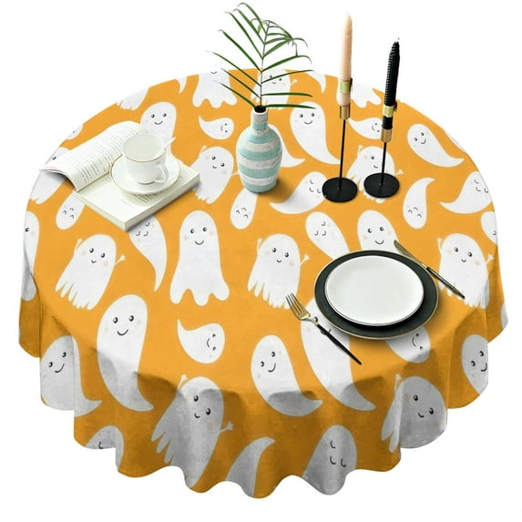 Orange Halloween Ghosts Round Tablecloth 60"x60",Wrinkle Wipeable Table Cloth for Kitchen Dining Room Picnic Patio Party