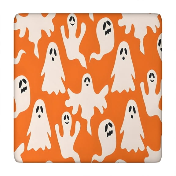 Orange Halloween Ghosts Square Fitted Tablecloth with Elastic Edge,Square Table Cover,Washable Elastic Table Cover for Home Kitchen Party Decor 34"x34"
