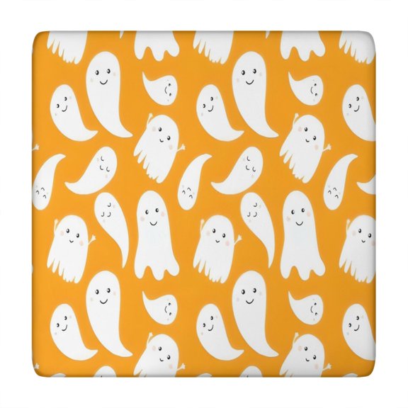 Orange Halloween Ghosts Square Fitted Tablecloth with Elastic Edge,Square Table Cover,Washable Elastic Table Cover for Home Kitchen Party Decor 34"x34"
