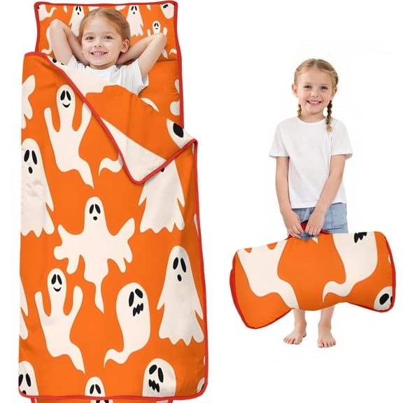 Orange Halloween Ghosts Toddler Nap Mats for Kids Preschool,60"x20" Sleeping Mat Bag or Kids,Toddler Sleeping Bag,Toddler Nap Mat or Daycare