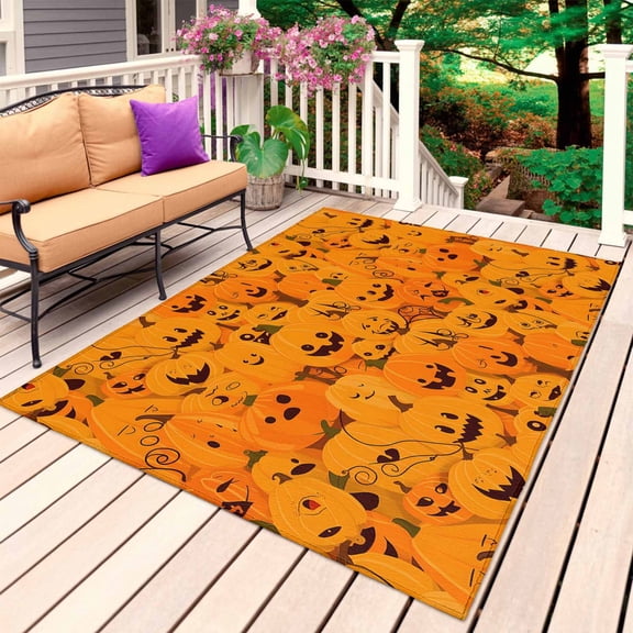 Orange Halloween Outdoor Rug for Patio/Deck/Porch, Non-Slip Large Area Rug 3 x 5 Ft, Horror Pumpkins Evil Bat Indoor Outdoor Rugs Washable Area Rugs, Reversible Camping Rug Carpet Runner
