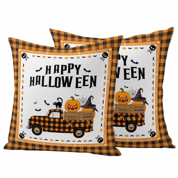 Orange Halloween Outdoor Waterproof Pillow Covers, Spooky Pumpkins Truck Black Cat Decorative Square Throw Pillowcase Sofa Cushion Sham for Patio/Couch/Chair, 24"x24" 2 Pack