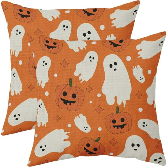 Orange Halloween Pillow Covers 16x16 Set of 2 Cute Ghost Pumpkin Print Outdoor Decorative Throw Pillows Halloween Scary Themed Farmhouse Pillowcases Linen Cushion Case Decor for Home Sofa Couch Bed