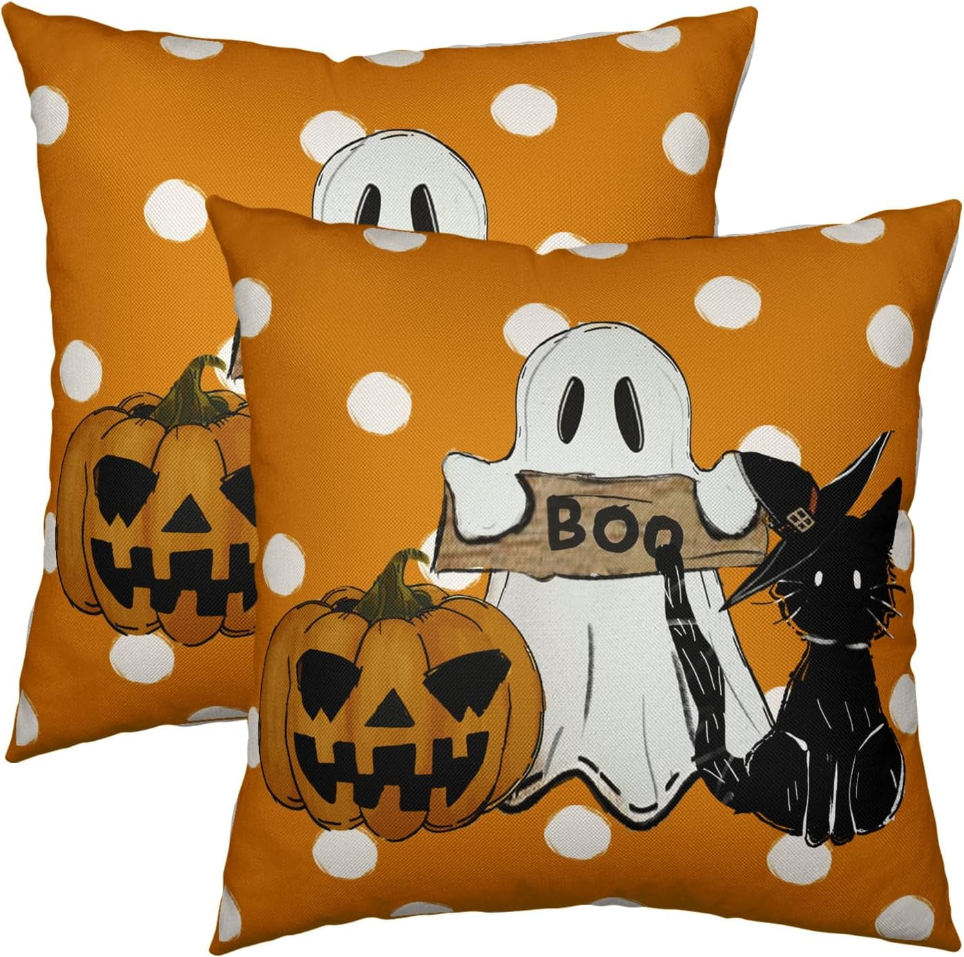 Halloween Pillow Covers Set Of 4 - 18x18 Inch Orange Polka Dot Pumpkin & Black Cat Designs, Linen Fabric