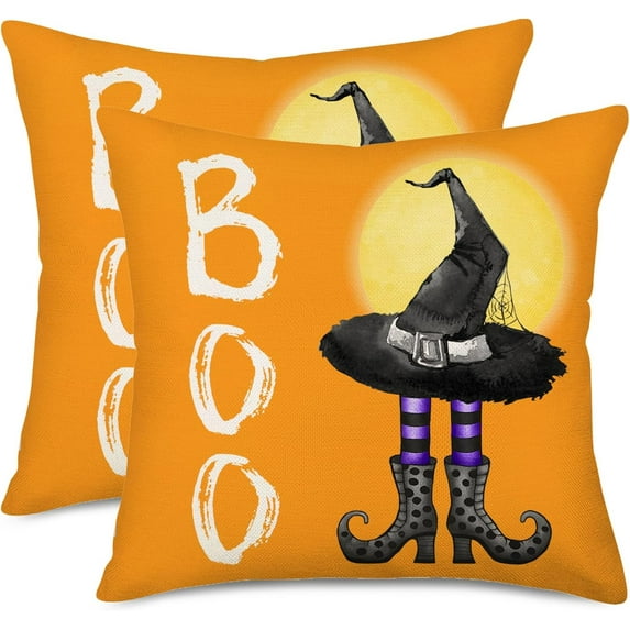 Orange Halloween Pillow Covers 20x20 Inch Set of 2 Halloween Boo Witch Shoes Hat Spider Web Throw Pillow Cases Halloween Farmhouse Decoration Cushion Cover for Sofa Couch