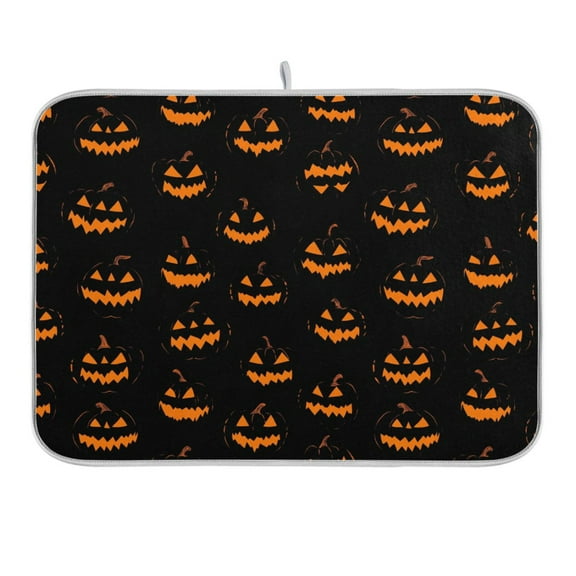 Orange Halloween Pumpkin Face Dish Drying Mat 16x18 Absorbent Microfiber Draining Rack Pad for Kitchen Counter Sink