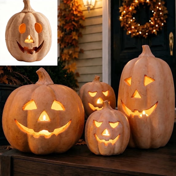 Orange Halloween Pumpkin Light Decoration, Rustic Handmade Resin Jack O Lantern with Flameless Candle, Fall Autumn Home Decor for Table Centerpiece Mantel and Shelf