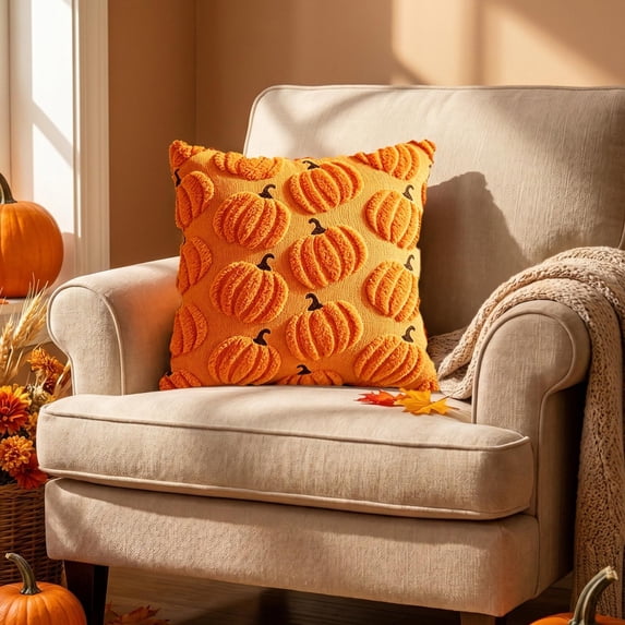 Orange Halloween Pumpkin Pillowcase, Embroidered Chenille Square Cover, 17x17 Inch for Festive Fall Home Decor