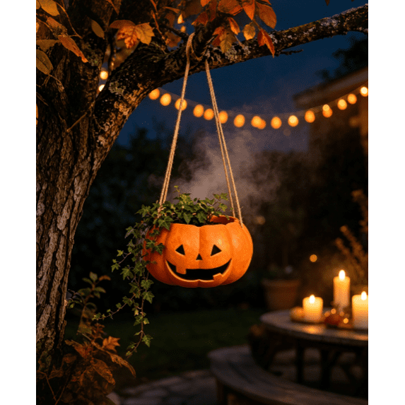 Orange Halloween Pumpkin Planter Pot, Artificial Jack-O-Lantern Decor for Outdoor Garden, Patio Porch and Halloween Party Display