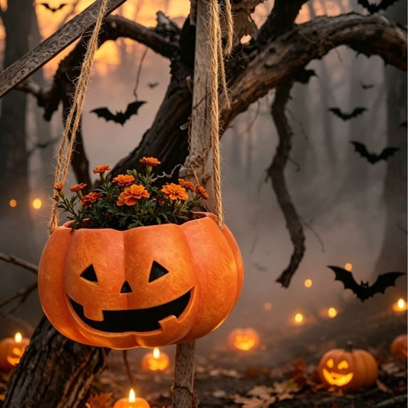 Orange Halloween Pumpkin Planter Pot, Artificial Jack-O-Lantern Decor for Outdoor Garden, Patio Porch and Halloween Party Display