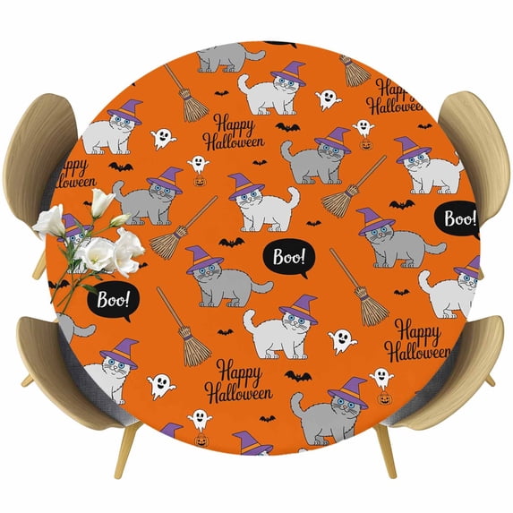 Orange Halloween Round Tablecloth, Fitted Table Cover with Elastic for 55"-60" Round Tables, Cat Bat Ghost Pumpkins Table Cloth Outdoor Indoor Dinning Party Waterproof Tablecloths