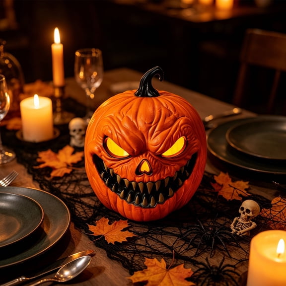 Orange Halloween Scary Jack O Lantern Light Up Pumpkin LED Glowing Eyes Spooky Pumpkin Decoration for Indoor Outdoor Holiday Party Decor