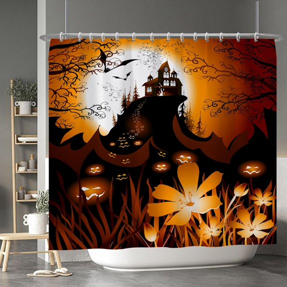 Orange Halloween Shower Curtain Evil Pumpkin Spooky Bats Forest Full Moon Gothic Castle Ghost Night Shower Curtains for Courtyard Bathroom Bath Polyester Fabric with Hooks 84x72 Inches