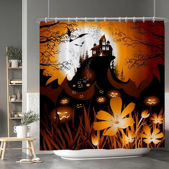 Orange Halloween Shower Curtain Evil Pumpkin Spooky Bats Forest Full Moon Gothic Castle Ghost Night Shower Curtains for Courtyard Bathroom Bath Polyester Fabric with Hooks 72x72 Inches