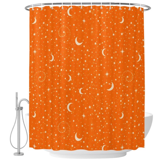 Orange Halloween Shower Curtains for Bathroom, Waterproof Fabric Bath Curtains Decor, Bath Tub Curtain Starry Night Moon Shiny Decorative Shower Curtain Sets with 12 Hooks, 72x72 Inch