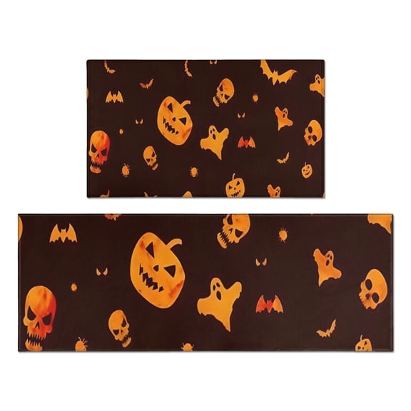 Orange Halloween Spooky Elements Kitchen Rugs Sets Of 2,Anti Fatigue Kitchen Mat Rugs Non Slip Washable,Decorative Kitchen Floor Mats for Kitchen,Sink,Laundry,17"x30"+17"x47"