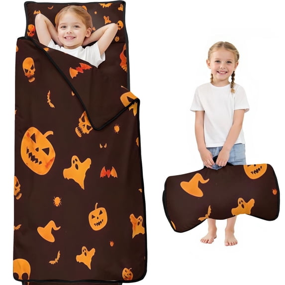 Orange Halloween Spooky Elements Toddler Nap Mats for Kids Preschool,60"x20" Sleeping Mat Bag or Kids,Toddler Sleeping Bag,Toddler Nap Mat or Daycare