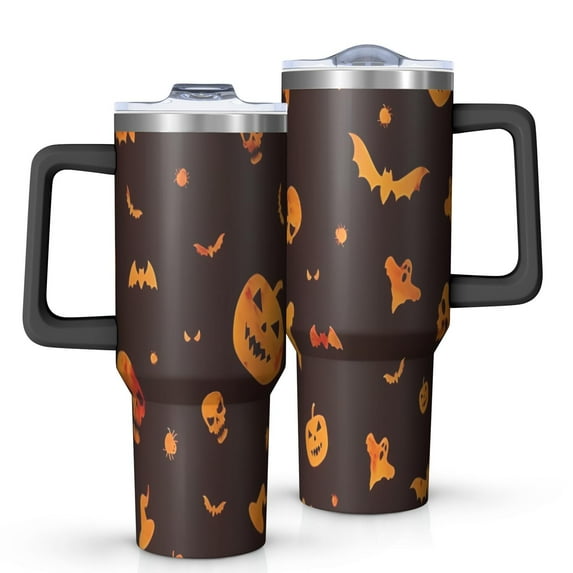 Orange Halloween Spooky Elements Tumbler with Handle and Lid,40oz Double Wall Vacuum Insulated Tumbler,Cups Gift for Women and Men