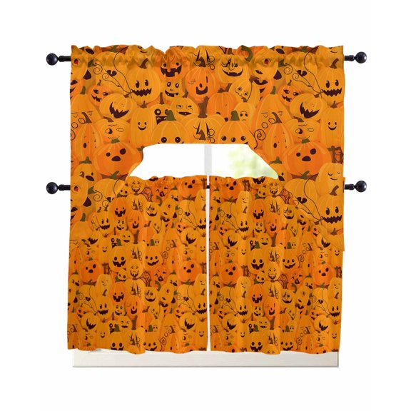 Orange Halloween Swag Curtains for Living Room/Bedroom Windows, Horror Pumpkins Evil Bat Kitchen Curtains and Valances Set 36 Inch Length, Light Filtering Swags Valance Curtain Panels