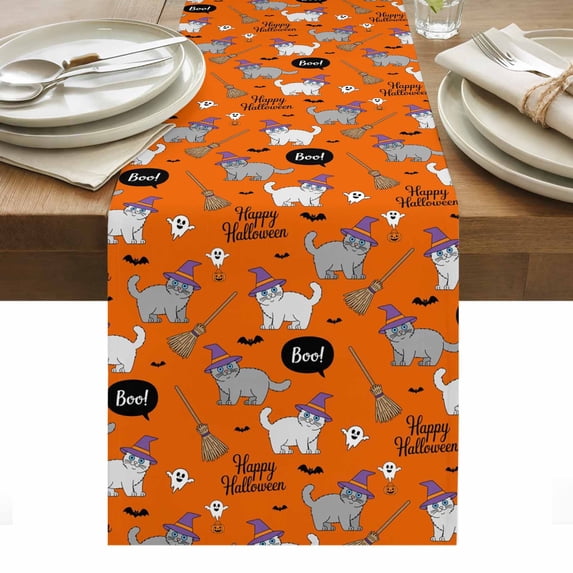 Orange Halloween Table Runner - 120 Inch Long, Kitchen Dining Table Runner Dresser Scarves, Cat Bat Ghost Pumpkins Farmhouse Decor for Coffee Tables Wedding Party Banquet