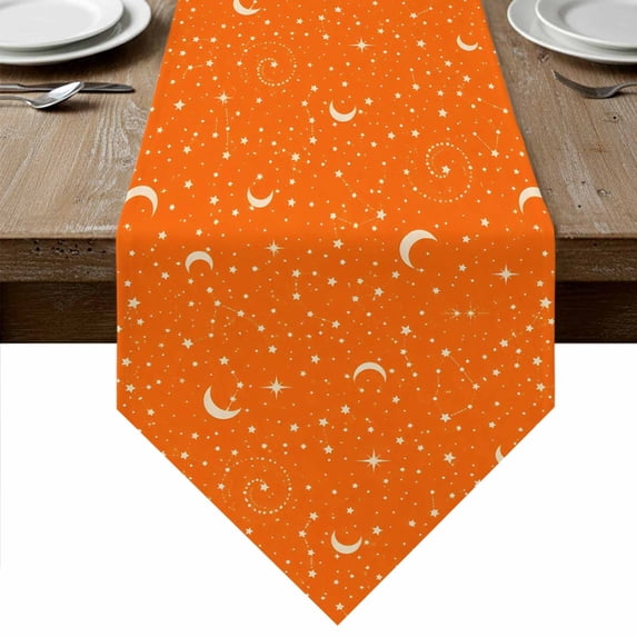 Orange Halloween Table Runner Linen Burlap Table Runner 70 Inches Long Starry Night Moon Shiny Dresser Scarves for Kitchen Island Coffee Dining Room Party Wedding Banquet Holiday Decoration 13"x70"