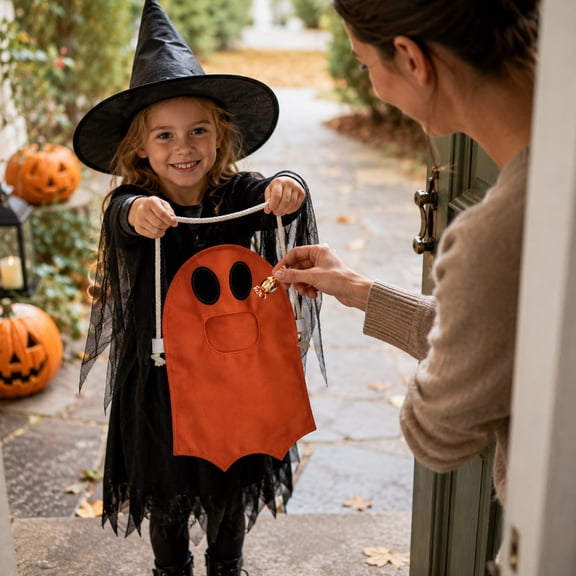 Orange Halloween Tote Bag, Trick Or Treat Bag, Halloween Ghost Candy Bag, Reusable Canvas Tote Bag, 1-Piece Portable Ghost Shaped Halloween Goodie Bag for Student Trick Or