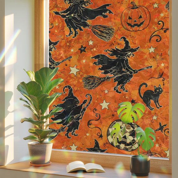 Orange Halloween Window Privacy Film Rainbow Static Cling Stain Glass Window Film for Glass Door, Decorative UV Blocking Sunroof Decal Sticker for Car 17.7"x39.3" Black Witches Cat Pumpkins