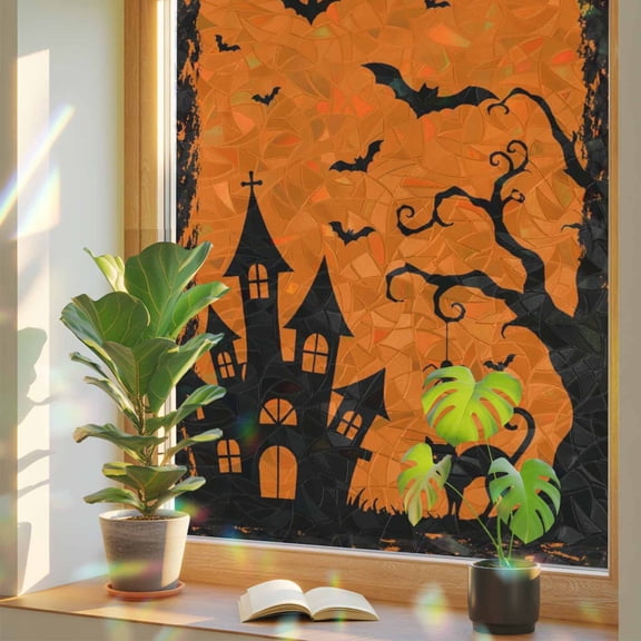 Orange Halloween Window Privacy Film Rainbow Static Cling Stain Glass Window Film for Glass Door, Decorative UV Blocking Sunroof Decal Sticker for Car 23.6"x59" Scary Castle Bats Tree Silhouette