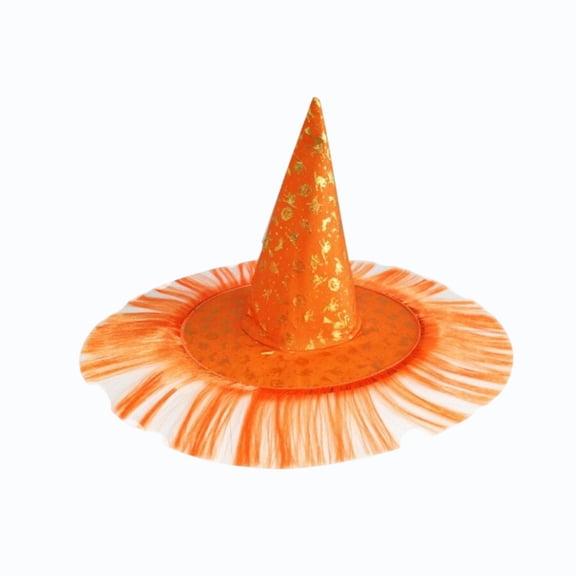 Orange Halloween Witch Hat With Gold Print And Fringe Trims Pointed Wizard Style Dress Up Party Accessory 1 Pack