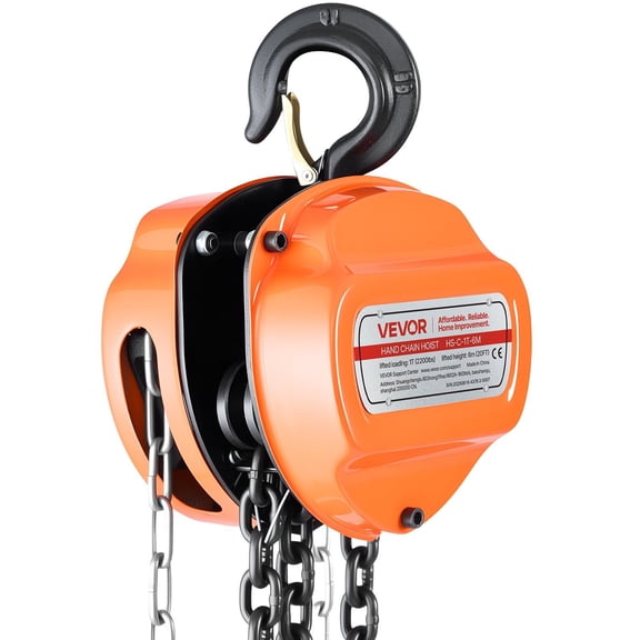 Orange Hand Chain Hoist - 1 Ton (2200 lbs) Lifting Capacity, 20 ft Lift Height, Upgraded G80 Galvanized Chain, Manual Chain Block for Heavy Duty Use in Garage, Warehouse, Automotive Shops