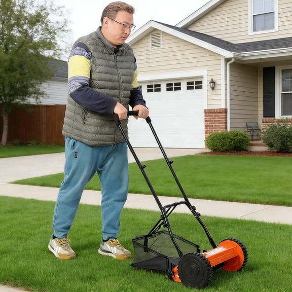 Orange Hand-push Rotary Lawn Mower, Equipped with A Grass Collection Bag, Environmentally Friendly and Easy To Maintain, Multi-functional, Suitable for Parks