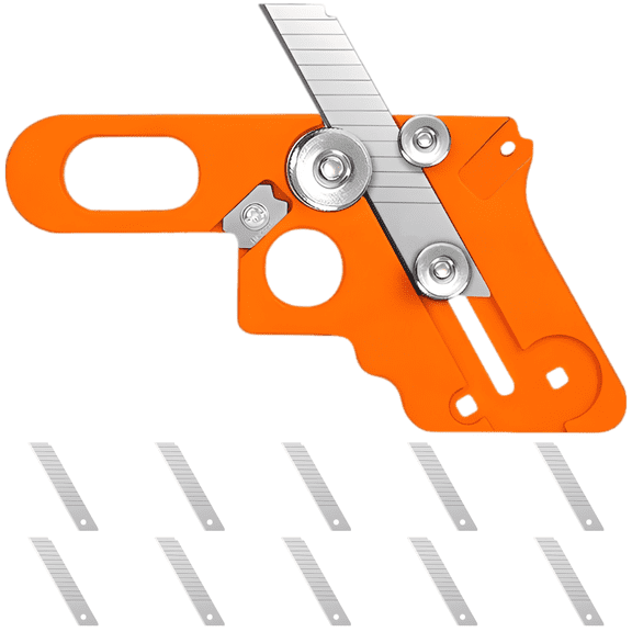 Orange Handgun-Style Dual-Use Woodworking Edging Trimmer, Aluminum Alloy & PC Construction, for Straight & Curved Edge Banding, Chamfering, Trimming, Comes with 10 Utility Blades