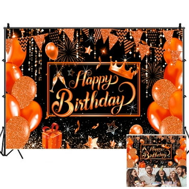 Orange Happy Birthday Party Backdrops for Photoshoot, Orange and Black Balloons Picture Party Decorations Wall Backdrop for Photography Decor, Photographic Studio Photo Backgrounds 7X5 FT