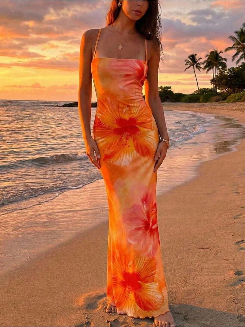 Orange Hawaiian Floral Print Backless Maxi Dress For Women, Summer Beach Resort Wear