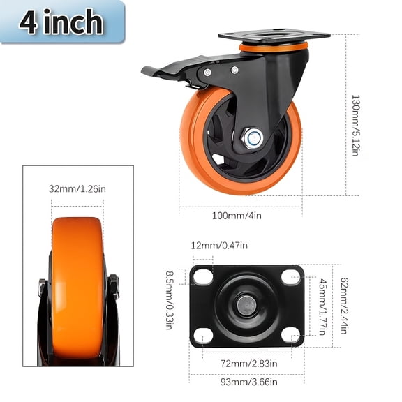 Orange Heavy Duty Casters - With Brake - 360 Degree Rotation - Bearing 2200LBS - Trolley Casters - 4 Packs - Suitable For Hand-pulled Carts, Furniture Cabinets, Worktables