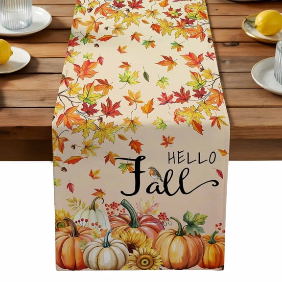 Orange Hello Fall Cotton Linen Table Runner for Dining Kitchen, Thanksgiving Pumpkins Maple Leaf Wedding Outdoor Party Tablerunners Decoration, Dresser Scarf Coffee Tablecloth Runners 13x36 Inches