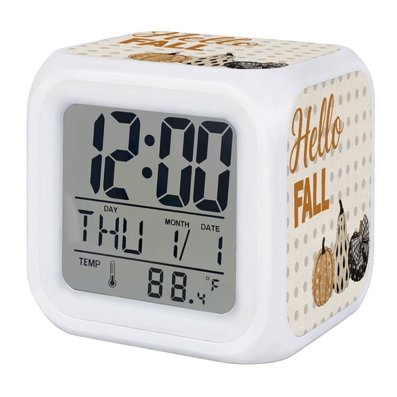 Orange Hello Fall Digital Alarm Clock for Bedrooms,Smart LED Alarm Clock with 7 Color Changing Night Light,Pumpkins Autumn Thanksgiving Polka Dot Silent Wake Up Clocks for Sleep Study 3.2"x3.2"