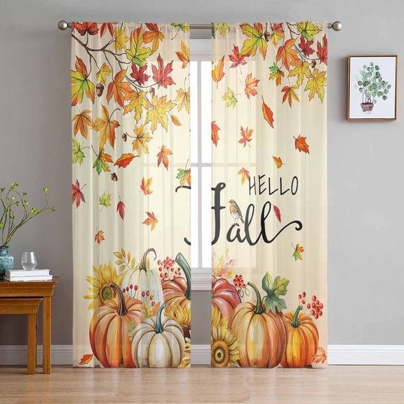 Orange Hello Fall Sheer Curtains 108 Inch Length 2 Panels Set for Living Room/Bedroom, Thanksgiving Pumpkins Maple Leaf Curtain Sheers Drapes Rod Pocket Curtains Window Treatment Set 52''x108''x2
