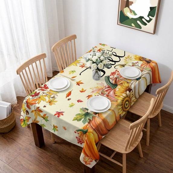 Orange Hello Fall Table Cloth Waterproof Tablecloths, Thanksgiving Pumpkins Maple Leaf Tablecloth Dining Table Cover for Kitchen Party Tabletop Outdoor, Rectangle Tablecloth 52x70 Inch
