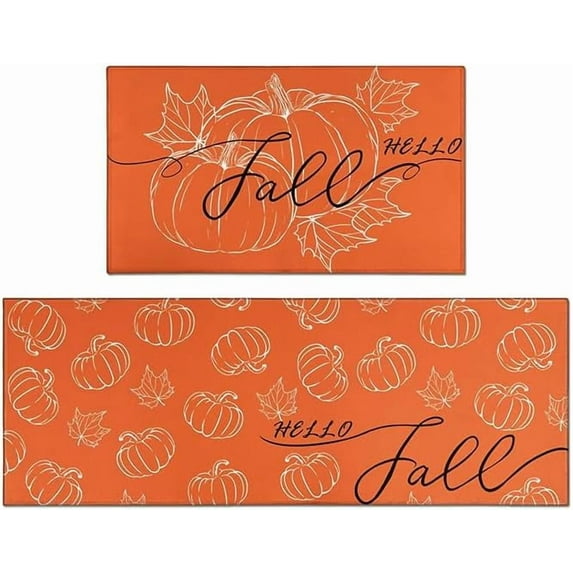 Orange Hello Pumpkin Fall Fall Kitchen Mats Set of 2, Kitchen Rug Non-Slip Washable Mat for Laundry Rooms,Offices,Or as Holiday Decorations Kitchens Decor
